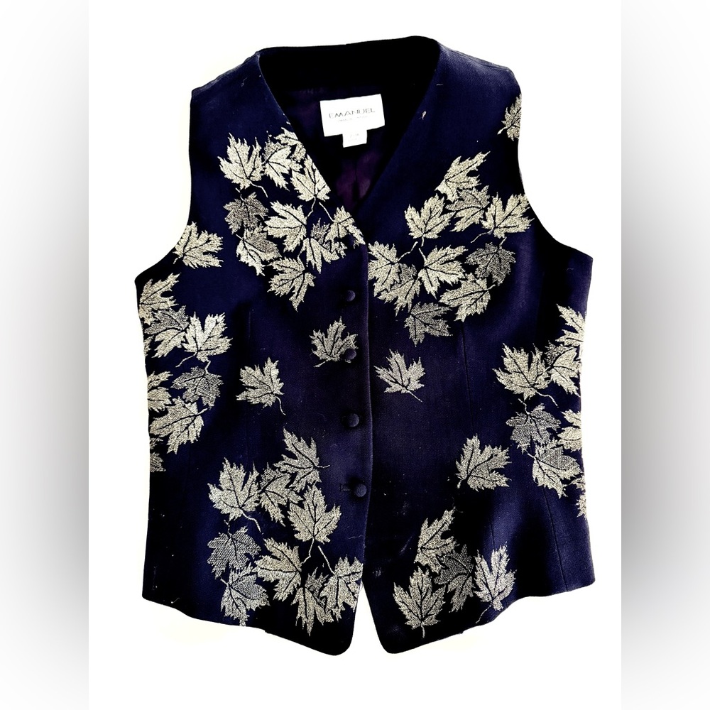 Emanuel Ungaro Black Wool Vest with Metallic Leaf Pattern